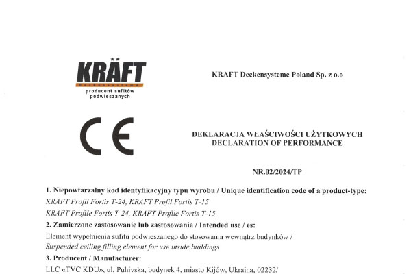 Certificate KRAFT Fortis T-15, T-24 profile